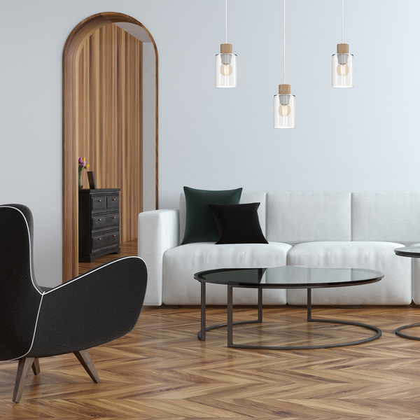 Lampa wisząca MADERA, biały/transparentny/drewno, 3x60W E27, MLP8555