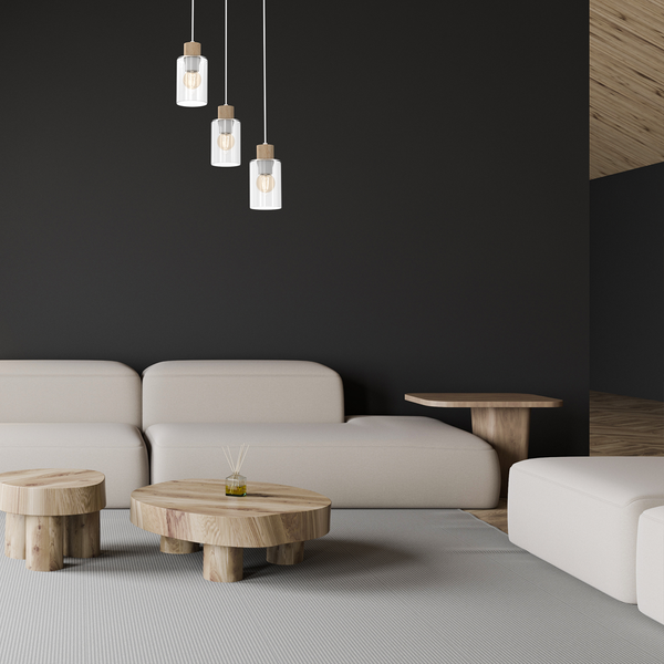 Lampa wisząca MADERA, biały/transparentny/drewno, 3x60W E27, MLP8556