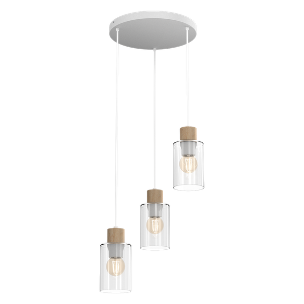 Lampa wisząca MADERA, biały/transparentny/drewno, 3x60W E27, MLP8556