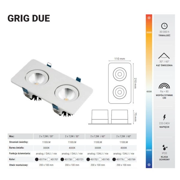 Oprawa wpuszczana GRIG DUE 2x7,5W ciepła 3000K szer. 21x11cm biały 60 st