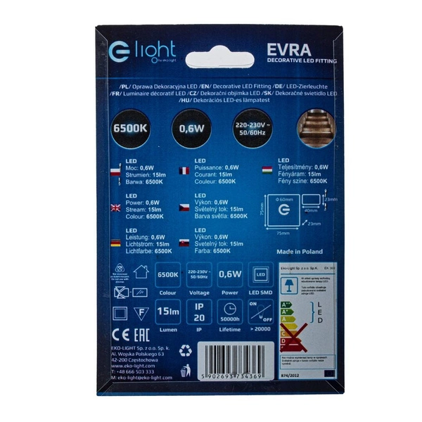 Oprawa schodowa LED 0,6W EVRA barwa zimna 6500K EKS4369