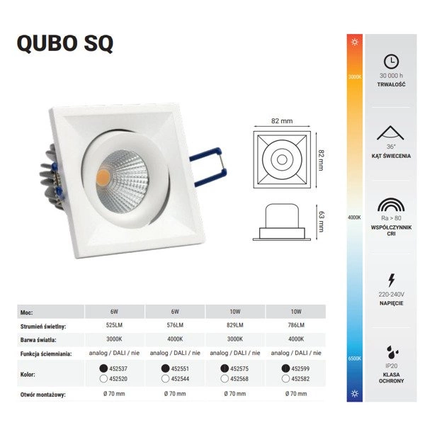 Oprawa wpuszczana oczko QUBO SQ 6W ciepła 3000K czarny szer. 8,2cm