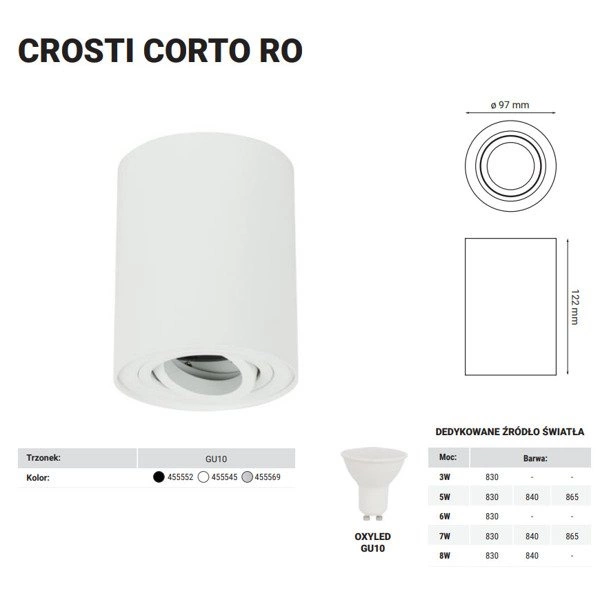 Oprawa sufitowa spot tuba natynkowa CROSTI CORTO RO biały śr. 9,7cm