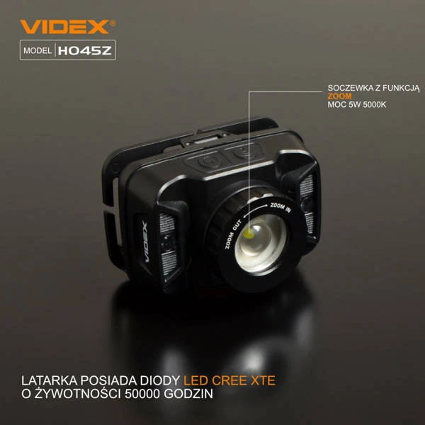 Latarka LED czołowa 5W IP65 5000K ZOOM zasięg 53m | czarny