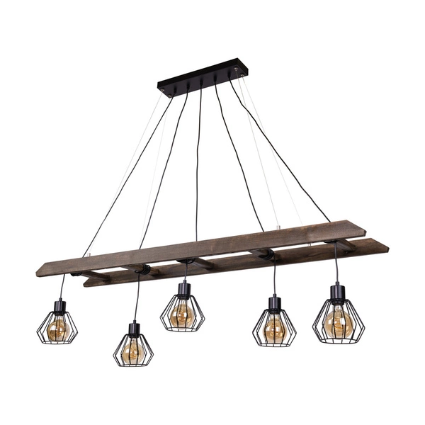 Lampa Wisząca Eskalo 5xE27 Max.60W Bejcowana Sosna na Orzechu/Czarnym Metalu/Czarnym Kablu PCV 7229556