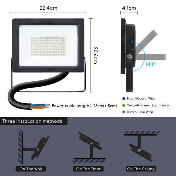 Naświetlacz Cienki Slim LED 50W 6400K IP65 | Czarny