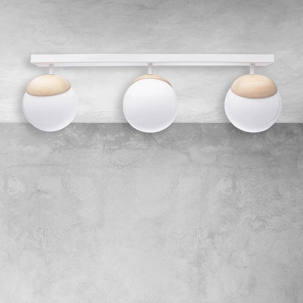 Lampa sufitowa nowoczesna szklana kula listwa SFERA WOOD III drewno/biały szer. 65cm