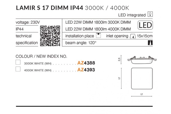 Azzardo LAMIR S 17 3000K DIMM 4388