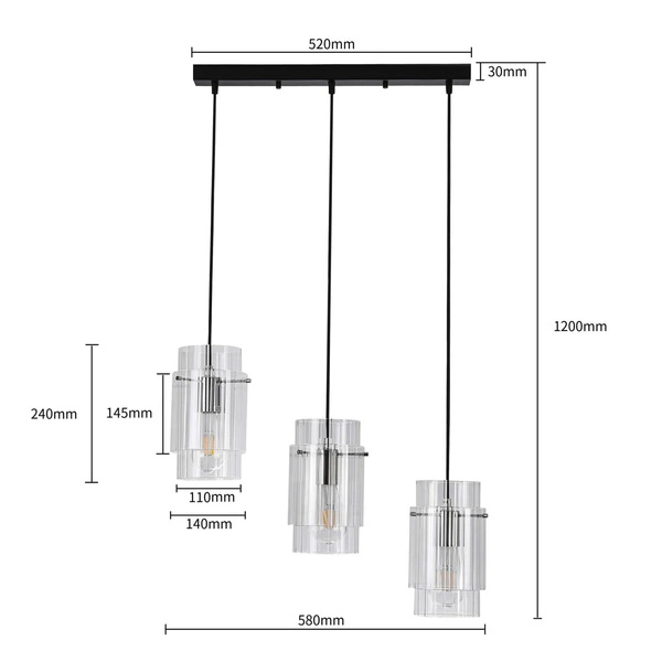 Lampa wisząca Savona 3 linia, czarny/srebrny/transparentny, 3x40W E27