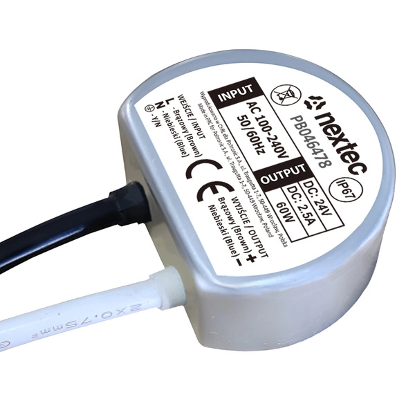 Zasilacz wodoodporny okrągły dopuszkowy 58mm 24V IP67 2,5A 60W 