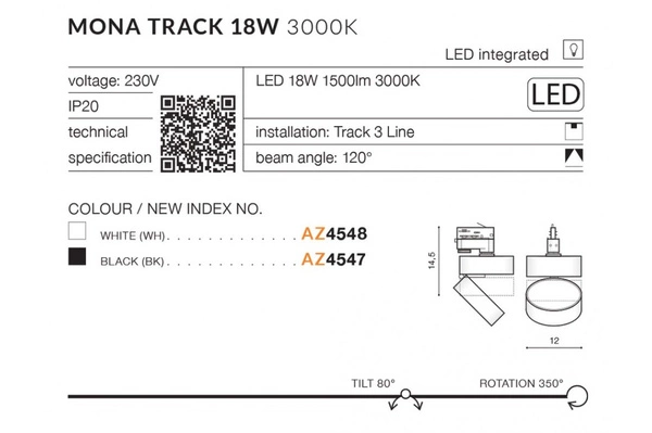 Azzardo MONA TRACK 3LINE 18W 3000K WH 4548
