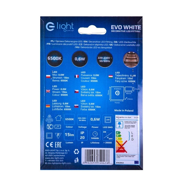 Oprawa schodowa LED 0,6W EVO barwa zimna 6500K EKS0476