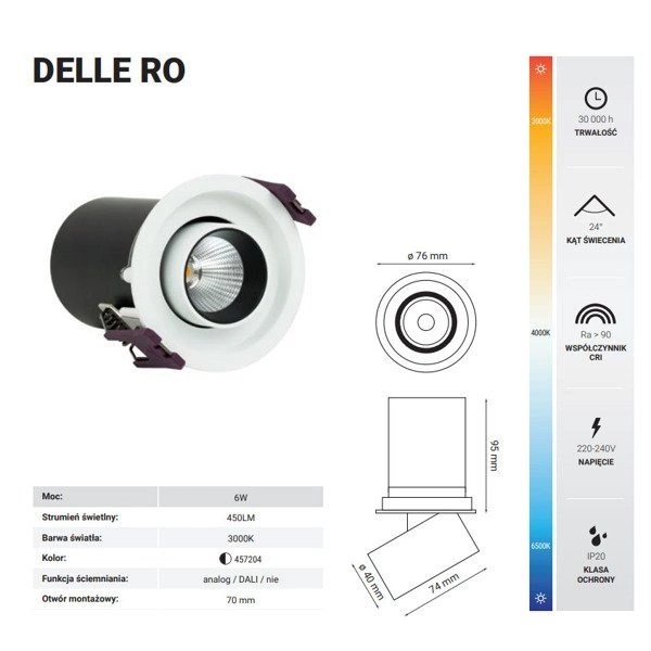 Oprawa wpuszczana DELLE RO 6W ciepła 3000K biały/czarny śr. 7,6cm