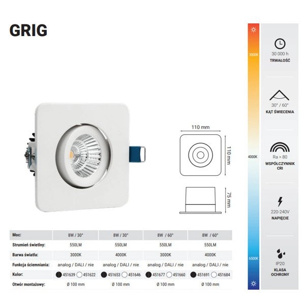 Oprawa wpuszczana GRIG 8W neutralna 4000K szer. 11cm czarny 30 st