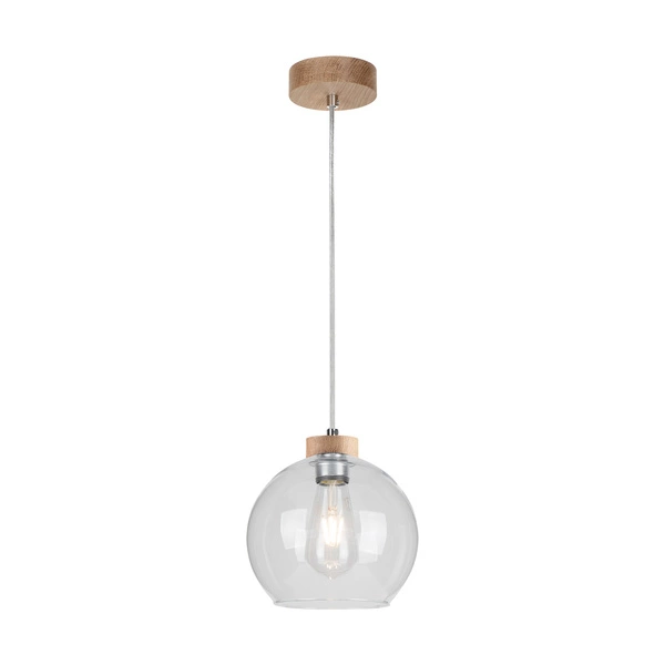 Lampa Wisząca Laguna Wood 1xE27 Max.60W Dąb Olejowany/Przezroczysty Kabel PCV/Przezroczyste Szkło 18710174