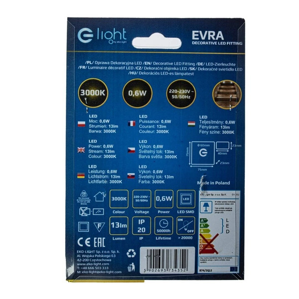 Oprawa schodowa LED 0,6W EVRA barwa ciepła 3000K EKS4352