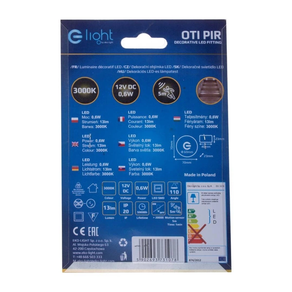 Oprawa schodowa OTI. Barwa Ciepły 3000K. PIR. 12V