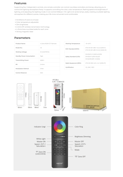 Smukły pilot sterownika LED na magnes CCT+RGB 4-strefy | czarny