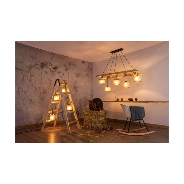 Lampa wisząca Eskalo 5xE27 maks. 25W barwiona sosna brązowa/czarny metal/czarny kabel PVC/naturalny len z czarnym kloszem wstążkowym 7739551