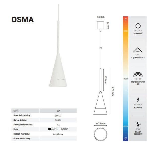 Lampa wisząca nowoczesna OSMA 5W ciepła 3000K biały śr. 7,4cm