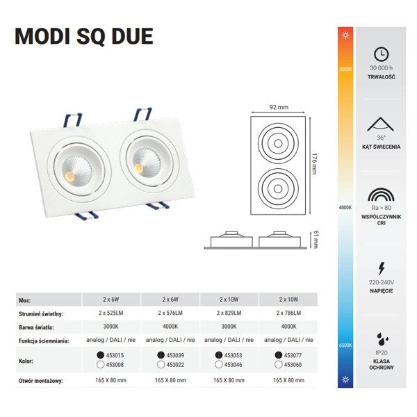 Oprawa wpuszczana MODI SQ DUE 20W neutralna 4000K czarny szer. 17,6x9,2cm