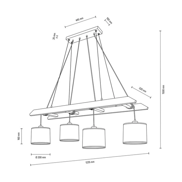 Lampa wisząca Eskalo 4xE27 maks. 25W barwiona sosna brązowa/czarny metal/czarny kabel PVC/naturalny len z czarnym kloszem wstążkowym 7739451