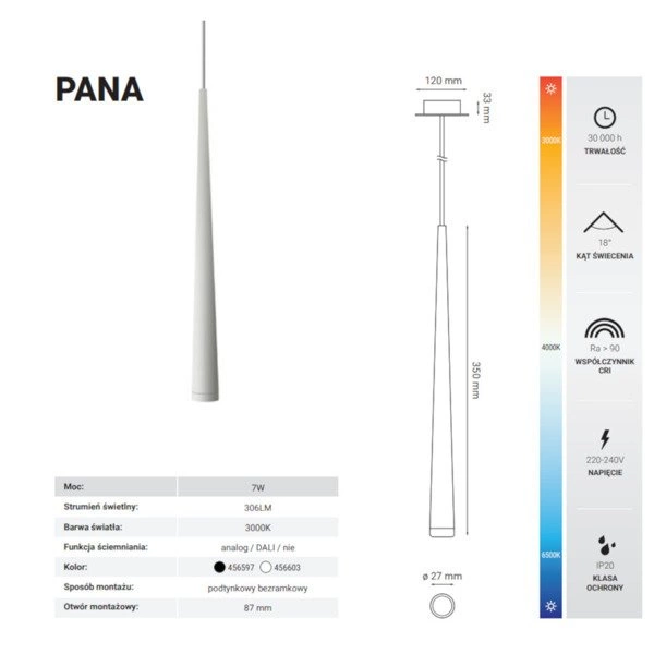 Lampa wisząca nowoczesna wpuszczana sopel PANA 7W ciepła 3000K biały śr. 2,7cm