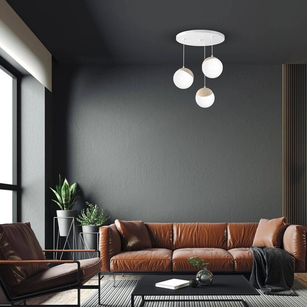 Lampa wisząca nowoczesna szklana kula SFERA WOOD III drewno/biały śr. 35cm