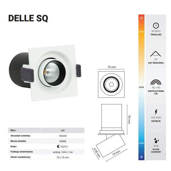 Oprawa wpuszczana DELLE SQ 6W ciepła 3000K biały/czarny śr. 7,6cm