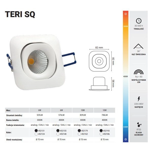 Oprawa wpuszczana oczko TERI SQ 10W ciepła 3000K biały szer. 8,2cm