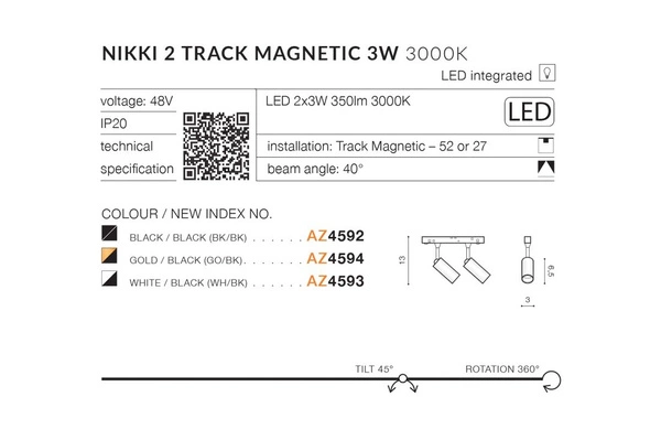 Azzardo ALFA NIKKI 2 TRACK MAGNETIC 2x3W 3000K WH/BK 4593