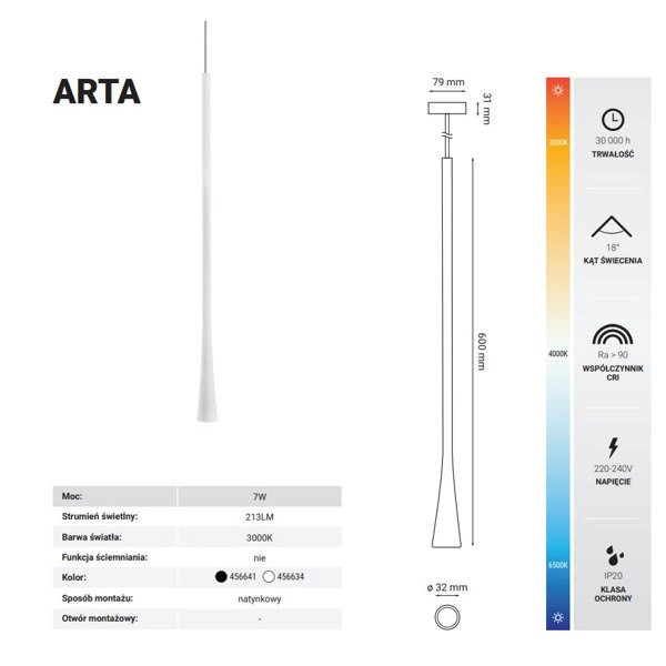 Lampa wisząca nowoczesna sopel ARTA 7W ciepła 3000K czarny śr. 3,2cm