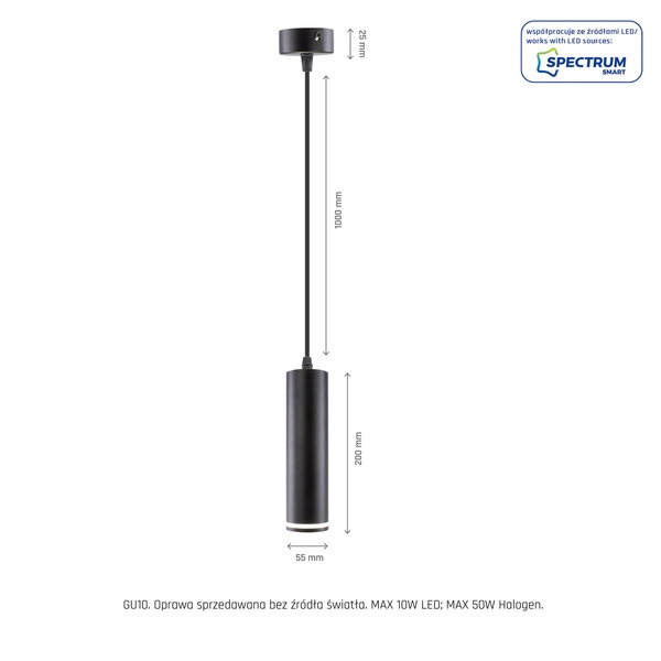 MADARA MINI RING GU10 ZWIS BAZA 230V IP20 fi55*200mm CZARNY kabel 1m