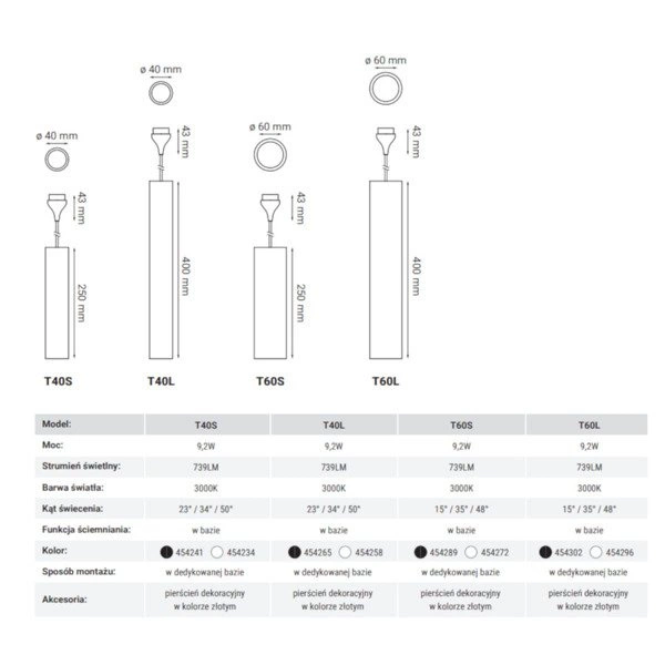 Lampa wisząca T40S do bazy ARDIZONE 9,2W ciepła 3000K biały