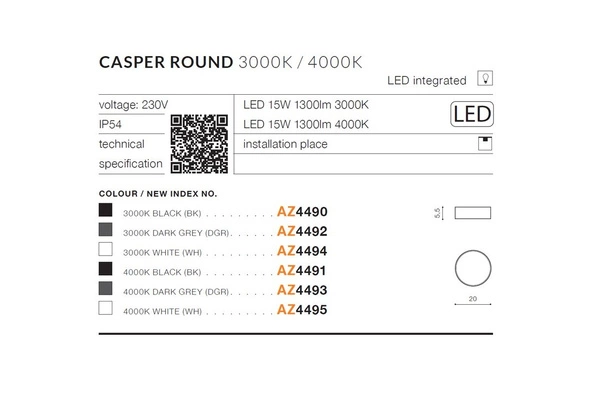 Azzardo CASPER ROUND 3000K BK 4490
