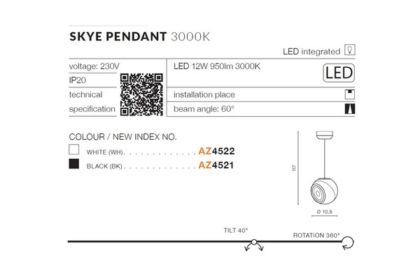 Azzardo SKYE PENDANT 3000K BK 4521