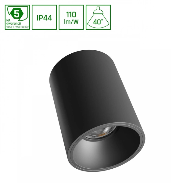 ORBITO NATYNKOWA 10W WW 230V 40ST IP44 UGR<19 RA90 FI75X100MM CZARNY OKRĄGŁA 5 LAT