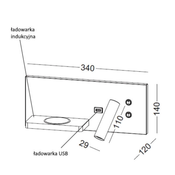 Nowoczesny kinkiet HOTELS 417P Z ŁADOWARKĄ INDUKCJA USB | Czarny
