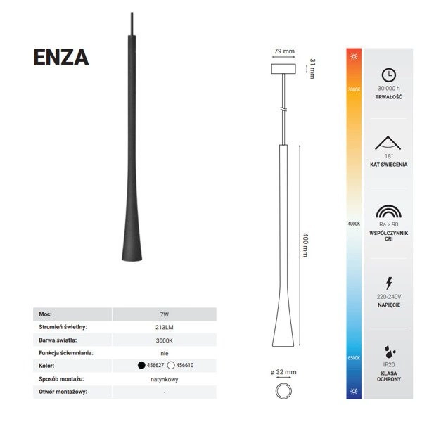 Lampa wisząca nowoczesna sopel ENZA 7W ciepła 3000K czarny śr. 3,2cm
