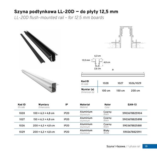 Szyna podtynkowa LED DOMENO niskonapięciowa LL-20D 150cm | czarna