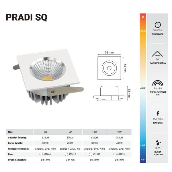 Oprawa wpuszczana oczko PRADI SQ 10W neutralna 4000K biały szer. 5,8cm