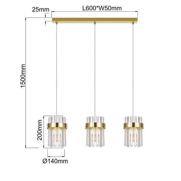 Lampa wisząca Vetro złota 3xE14