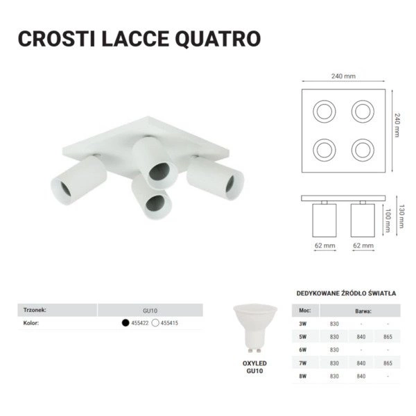 Lampa sufitowa spot reflektorek CROSTI LACCE QUATRO biały szer. 24cm