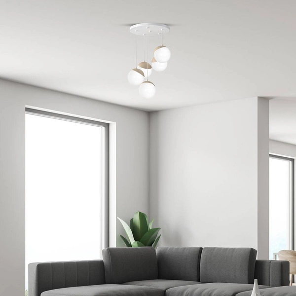 Lampa wisząca nowoczesna szklana kula SFERA WOOD V drewno/biały śr. 35cm