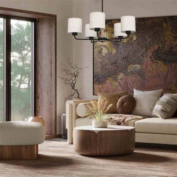 Żyrandol ATLANTA, MLP7452, czarny/drewno/beżowo-szary, 5x60W E27