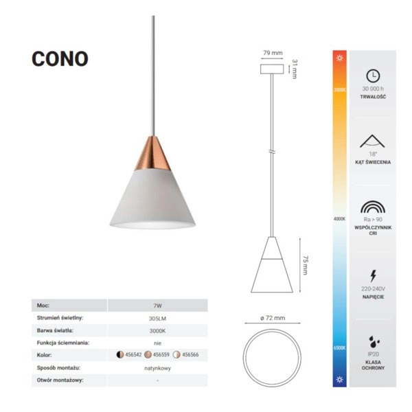Lampa wisząca nowoczesna CONO 7W ciepła 3000K biały/różowe złoto śr. 7,2cm