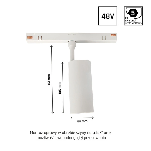 SYSTEM SHIFT - SPOT M oprawa na szynoprzewód 44x157x178mm 10W 24st biały 5 lat gw DALI