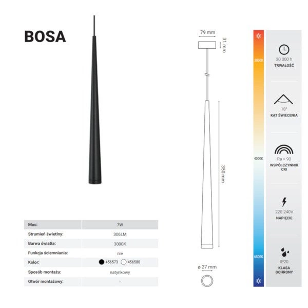 Lampa wisząca nowoczesna sopel BOSA 7W ciepła 3000K biały śr. 2,7cm