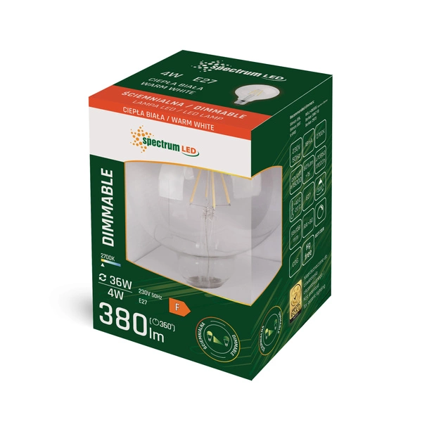 Ściemniana Żarówka LED glob G95 E27 230V 4W COG CLEAR DIMMA ciepła 3000K