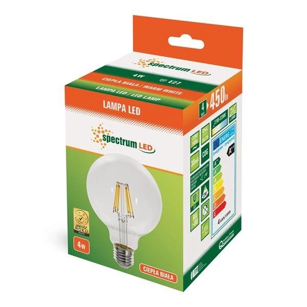 Filament LED GLOB G95 COG E27 4W WW CLEAR barwa ciepła